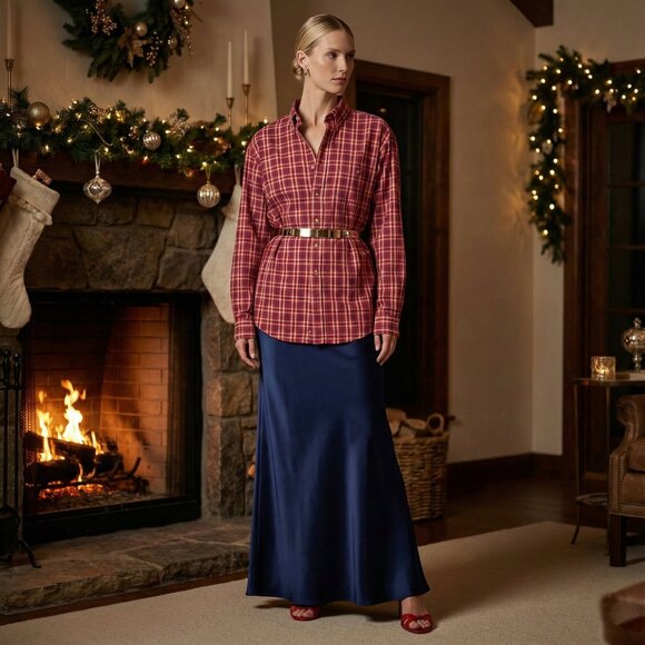 Red Plaid Button-Down Shirt Unisex Oversized Cotton Blend - Picture 3 of 13